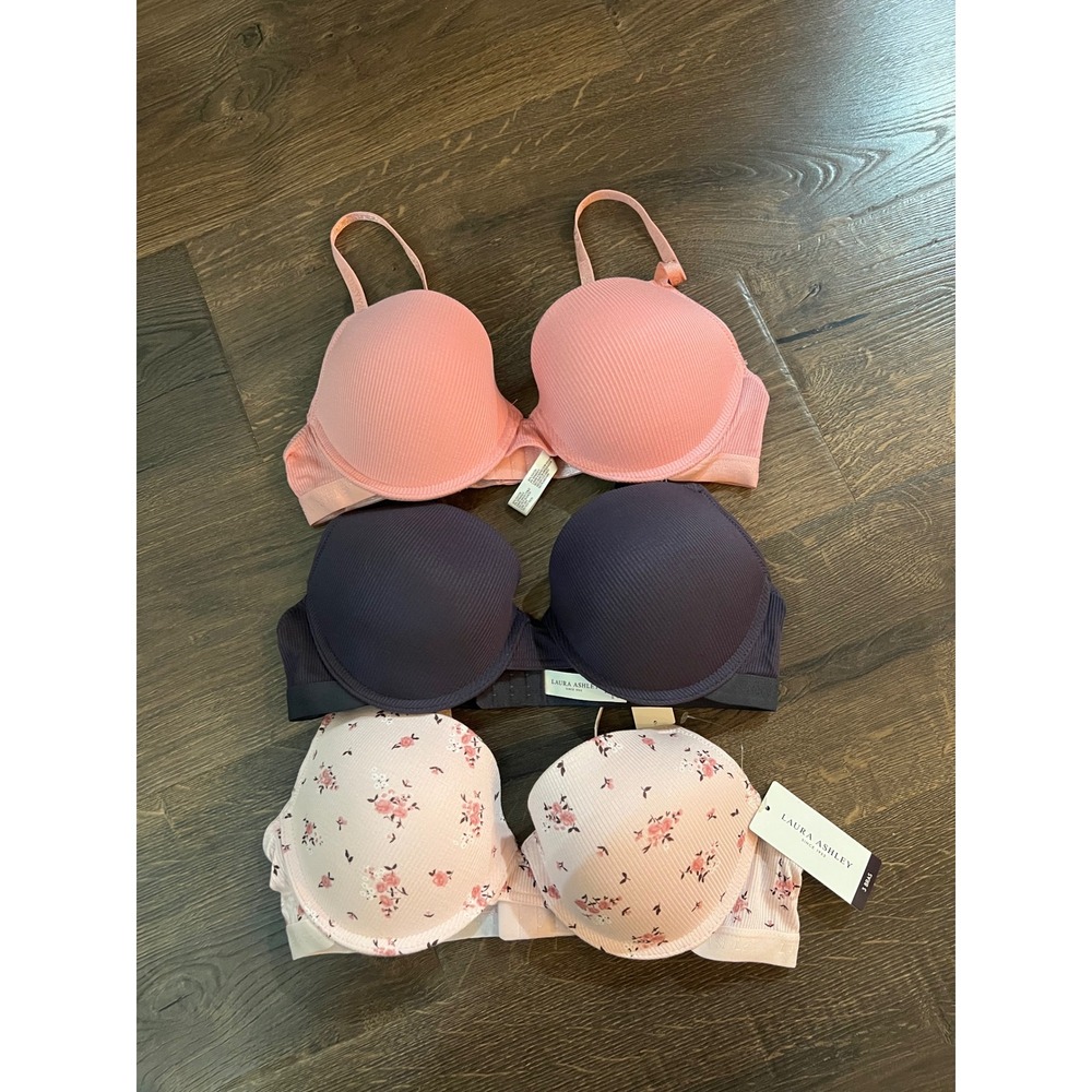 Laura Ashley 3 Pack T-Shirt Bras 36C Pink Navy Floral Ribbed Underwire 9497-171